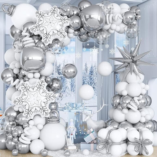 Christmas Decorations Balloons Arch Kit White Silver Snowflake