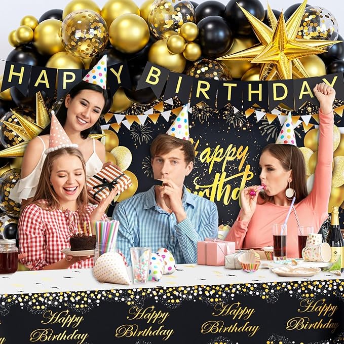 Black and Gold Birthday Decorations for Men Women 71pcs Black and