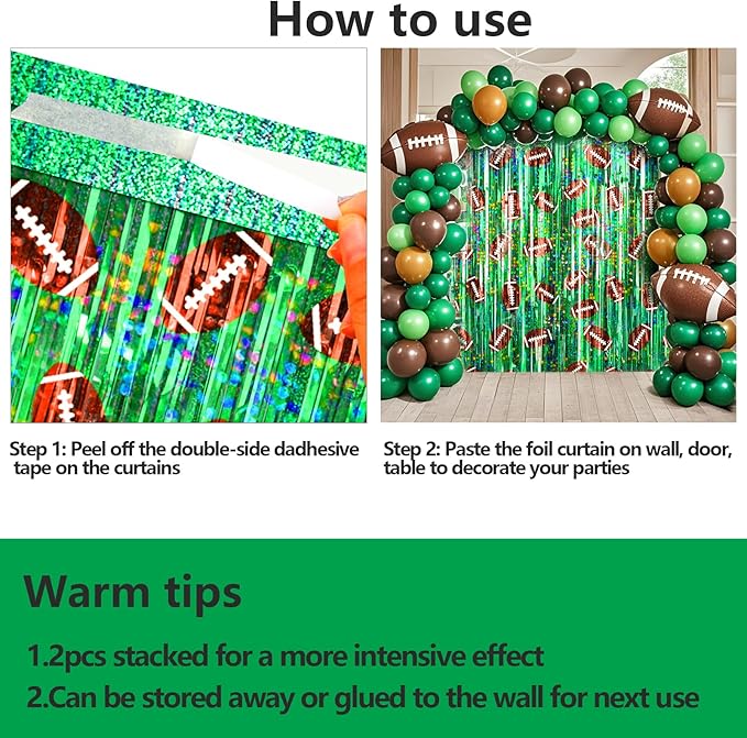 2 Packs Football Foil Fringe Curtain, Green Glitter Metallic Tinsel