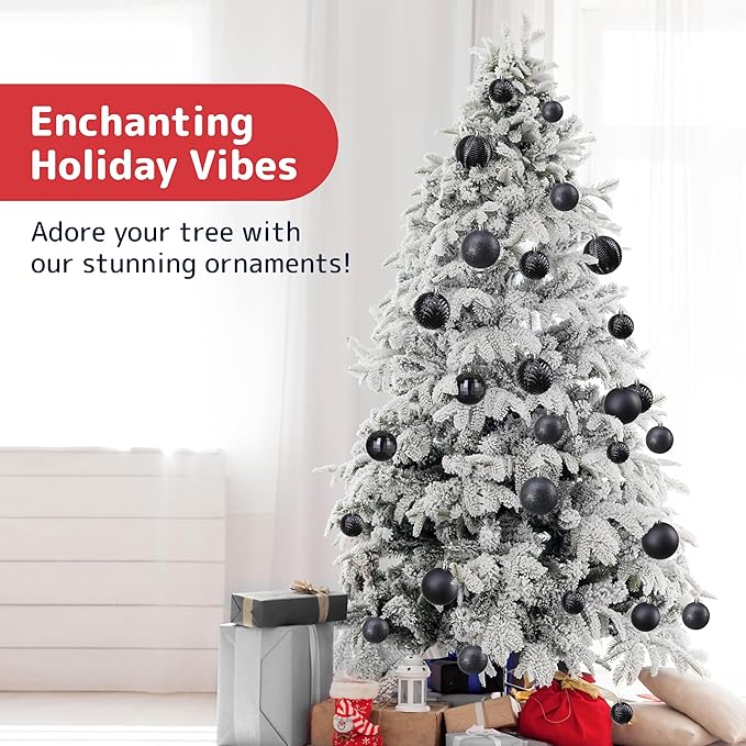PREXTEX 36 Piece Christmas Ornaments Set - Black Shatterproof Balls