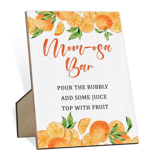 Mom-osa Bar Baby Shower Tabletop Sign With Stand, Orange Citrus Gender