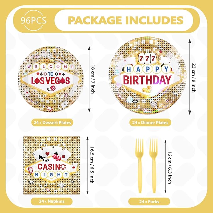 96Pcs Casino Theme Birthday Party Decorations Gold Glitter Plates
