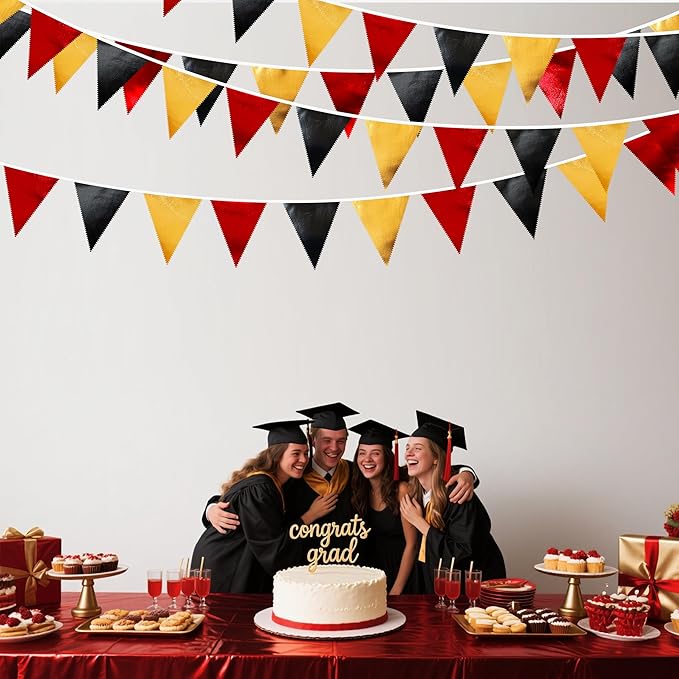 Red Black Gold Party Decorations Metallic Fabric Triangle Pennant