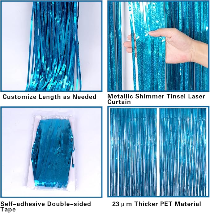 2 Pack 3.2ft x 8.2ft Blue Foil Fringe Curtains Photo Backdrop Party
