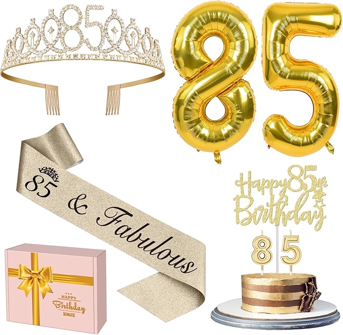 85th Birthday Decorations for Women Gold with 85th Birthday Sash and