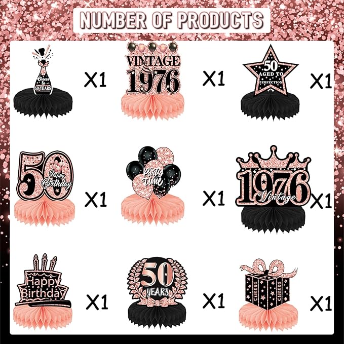 50th Birthday Decorations Women, 9pcs Rose Gold 50 Birthday Party