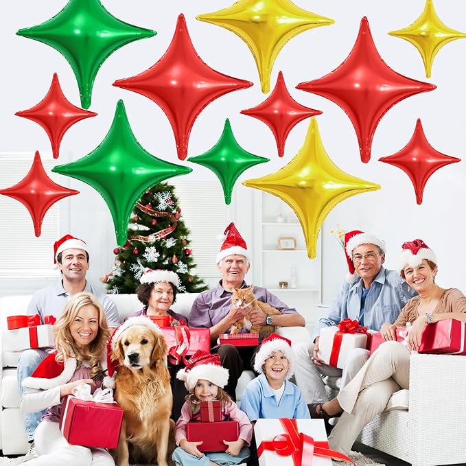 Red Green Gold Christmas Balloons,12Pcs Four Angle Star Foil