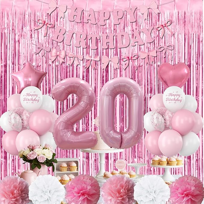 20th Birthday Decorations for Girls Pink Number 20 Balloon Bow