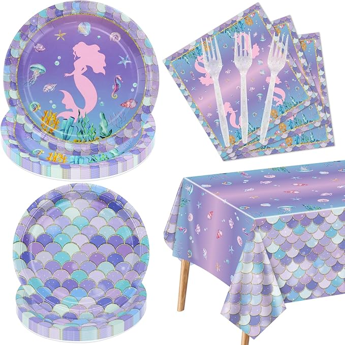 Mermaid Party Decorations 81Pcs Fish Scale Party Tableware Set Under