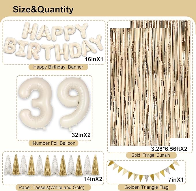 39th Birthday Decorations for Women, White and Gold 39 Boho Birthday
