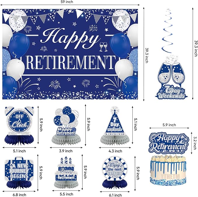 Retirement Party Decorations for Men Women Blue Silver Happy