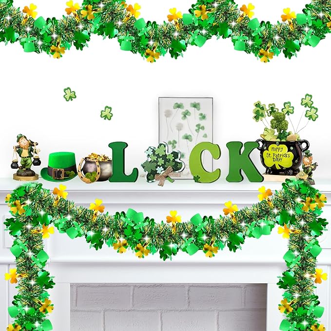 50FT St Patrick's Day Tinsel Garland Green Gold Shamrock Hat Tinsel
