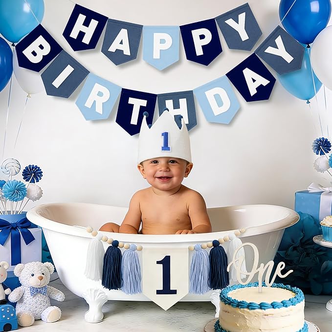 Felt Navy Blue Happy Birthday High Chair Banner Pre-Strung Birthday