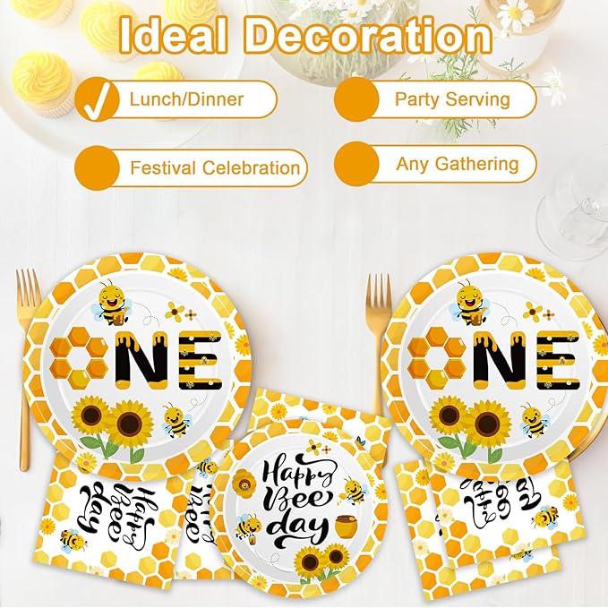 100 Pcs Bee 1st Birthday Party Supplies Paper Plates and Napkins Set