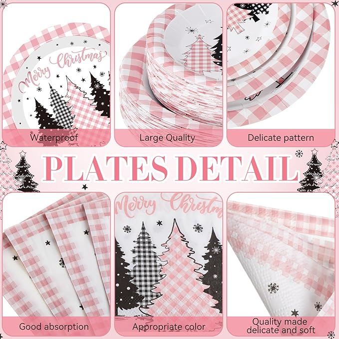 452 Pcs Pink Christmas Party Decoration for 50 Buffalo Plaid Gingham