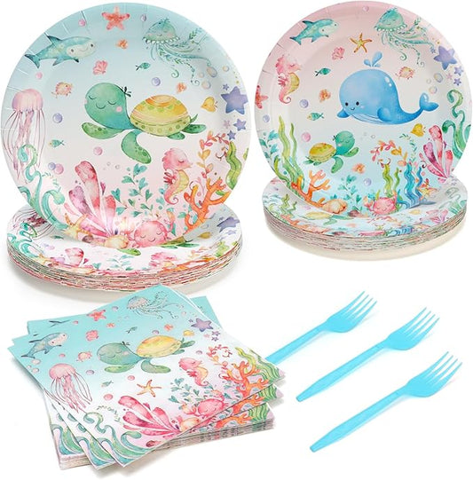 96Pcs Under the Sea Plates Party Supplies Fish Paper Plates and