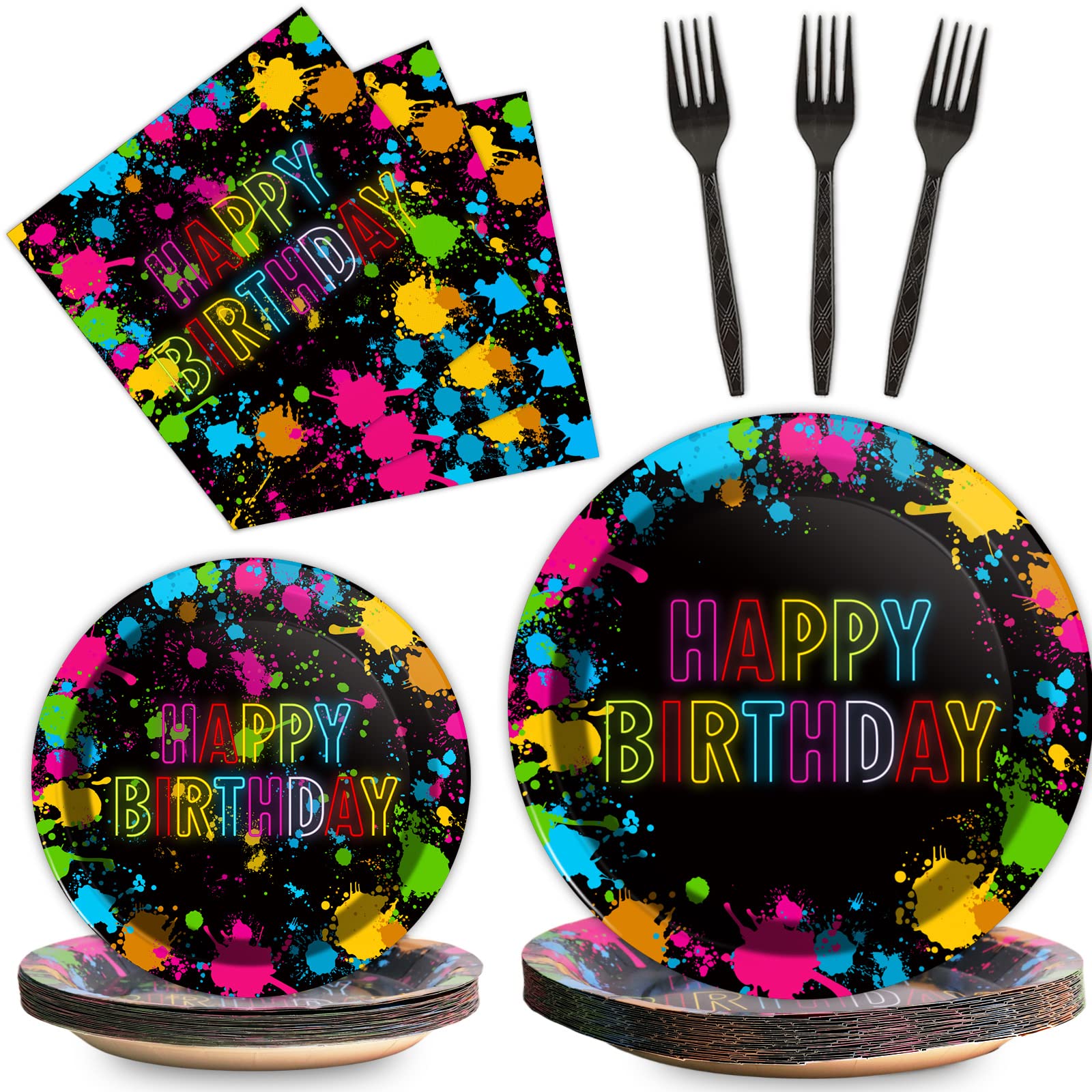 chiazllta 96 Pcs Neon Party Paper Plate and Napkins Neon Birthday