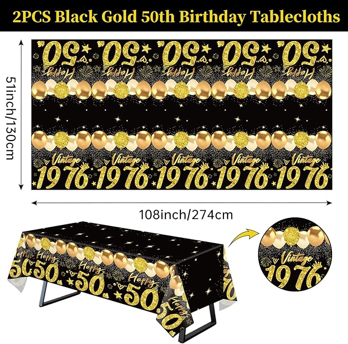 Uiorgui 2pcs 50th Birthday Tablecloth, Black Gold 50th Birthday