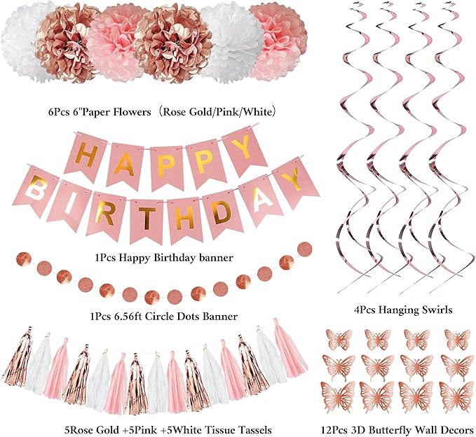 Rose Gold Birthday Party Decorations Kit for Women Girls Foil