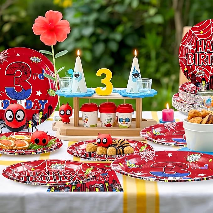 96Pcs Spider 3rd Birthday Decorations for Boys Super Theme Hero 3rd
