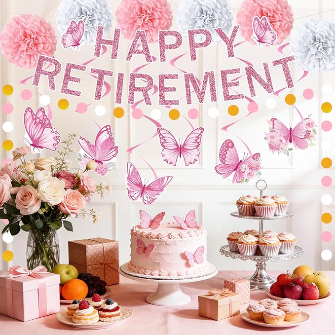 14pcs Pink Retirement Party Decorations for Women Butterfly Pink