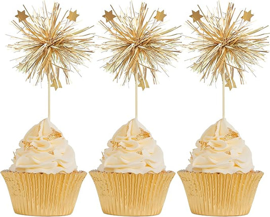 Gyufise 30Pcs Foil Firework Cupcake Toppers Happy Birthday Cake