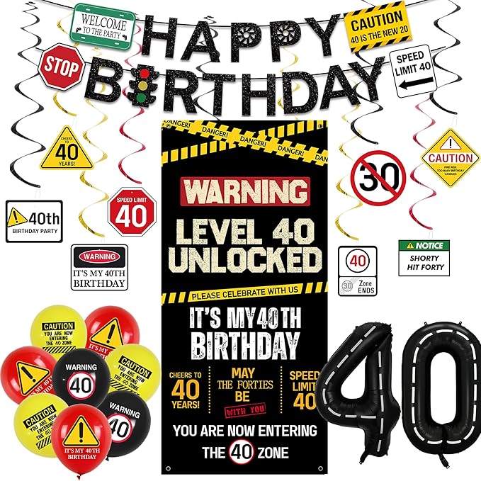 40th Birthday Decorations Men Women Caution Logo Level 40 Unlocked
