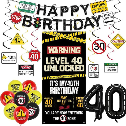 40th Birthday Decorations Men Women Caution Logo Level 40 Unlocked