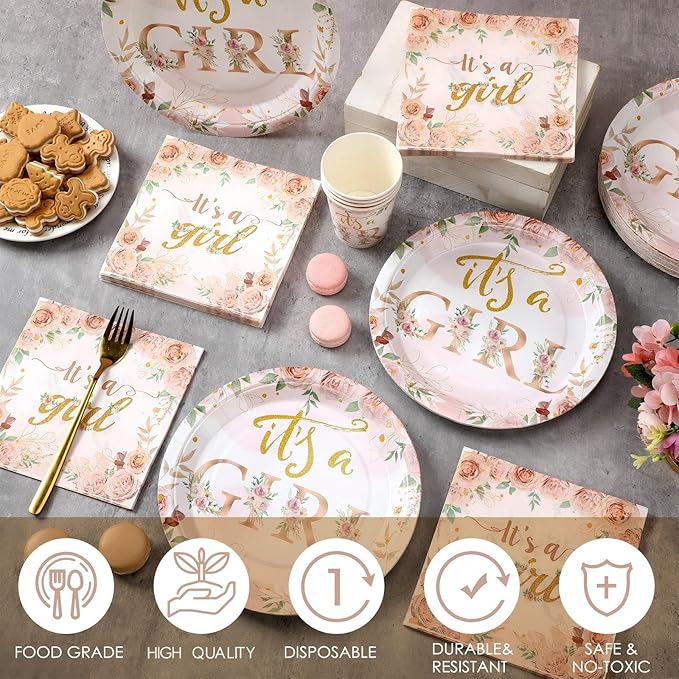 200 Pcs Floral Baby Shower Paper Plates Napkins Cups Baby Shower