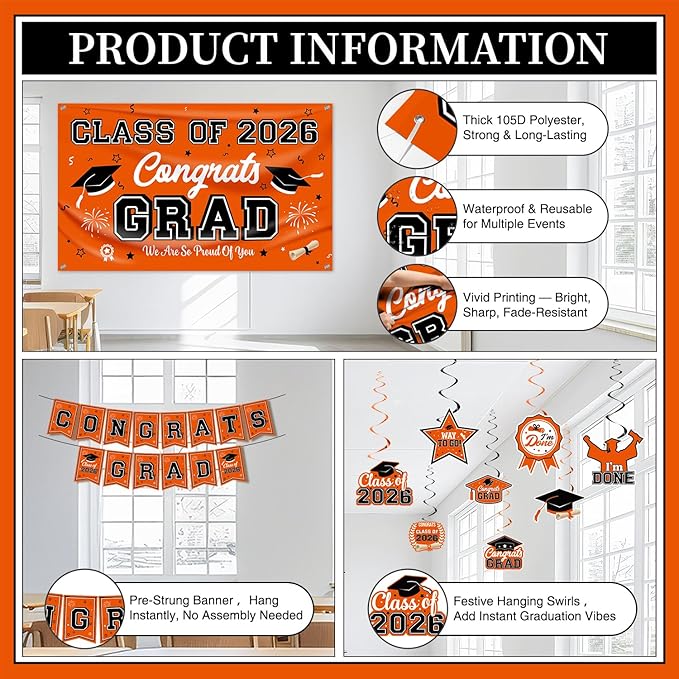 Graduation Decorations 2026 Orange Graduation Party Decor Set include