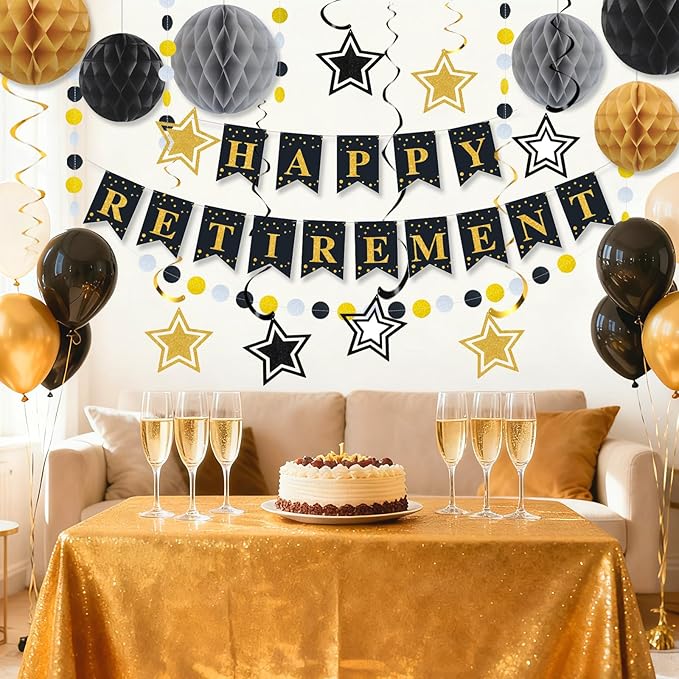 Happy Retirement Party Decorations for Men Women Black Gold Happy