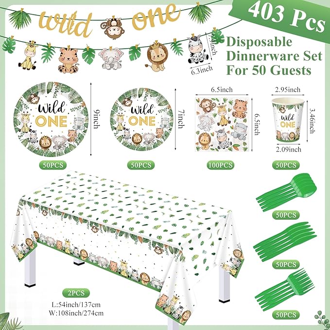 403 Pcs Wild One Birthday Decorations for 50 Jungle Safari Animal