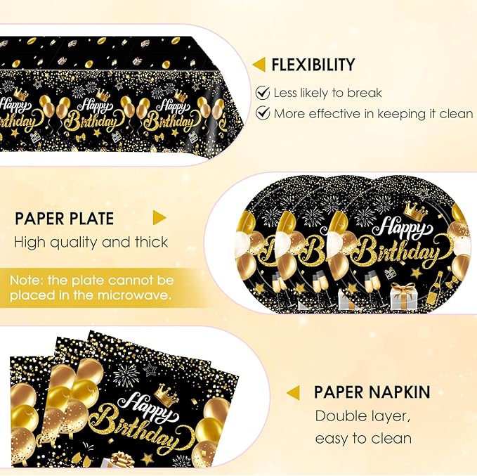 Black and Gold Party Decorations,41Pcs Happy Birthday Plates and