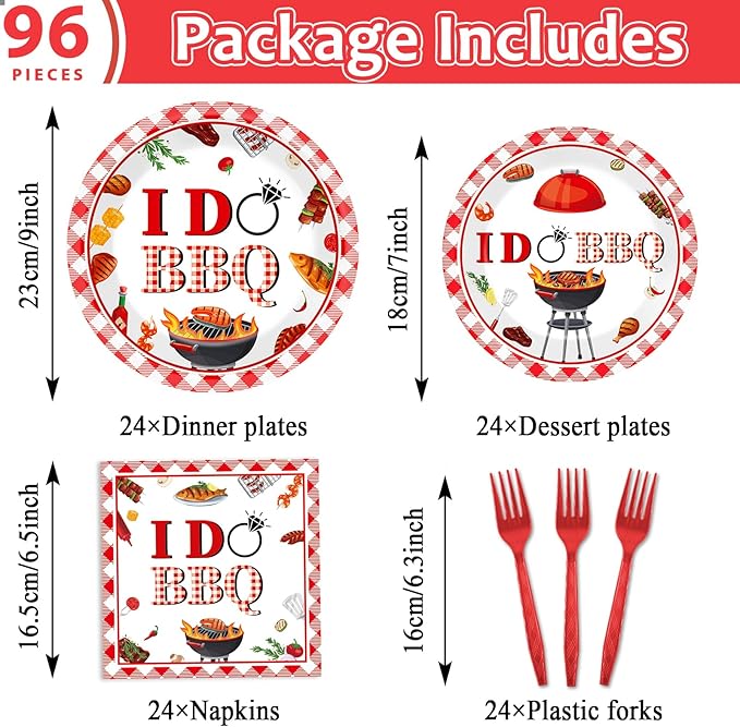 96 Pcs BBQ Bachelorette Party Plates Napkins Tableware Set I Do BBQ