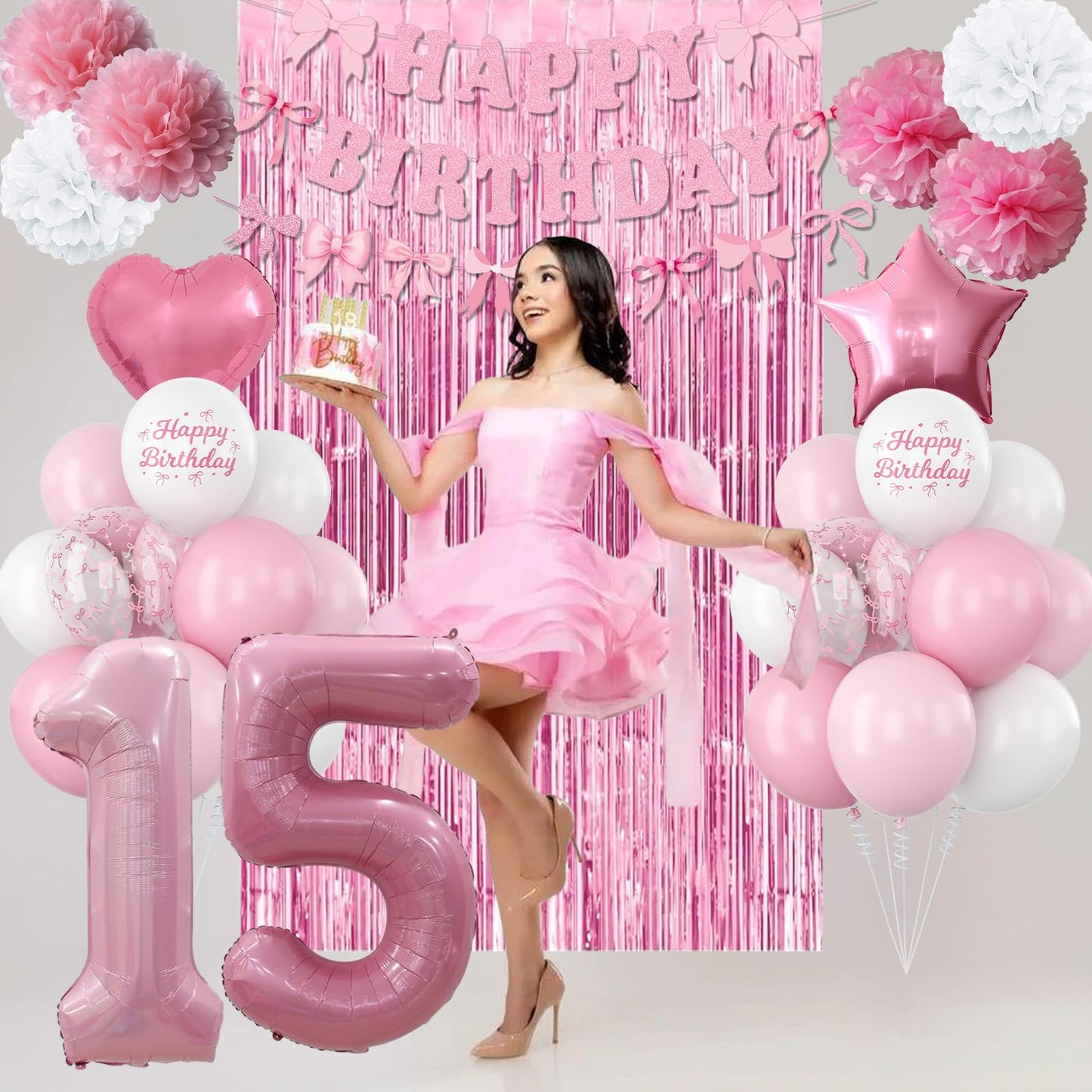 15th Birthday Decorations for Girls Pink Number 15 Balloon Bow