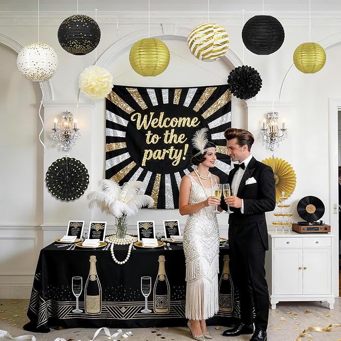 14Pcs Black and Gold Party Decorations Hanging Paper Lanterns Fans