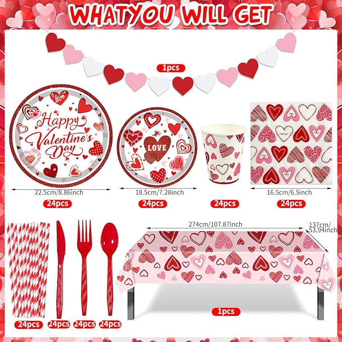 Valentines Day Party Supplies Set for 24 Valentine's Day Plates and