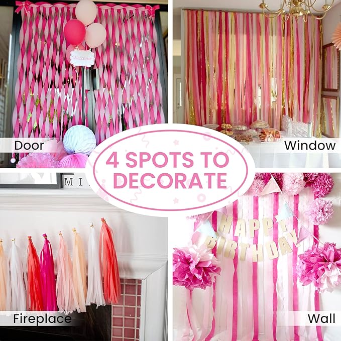 PartyWoo Pink Crepe Paper Streamers 6pcs 492ft Pack of Light Hot Dark