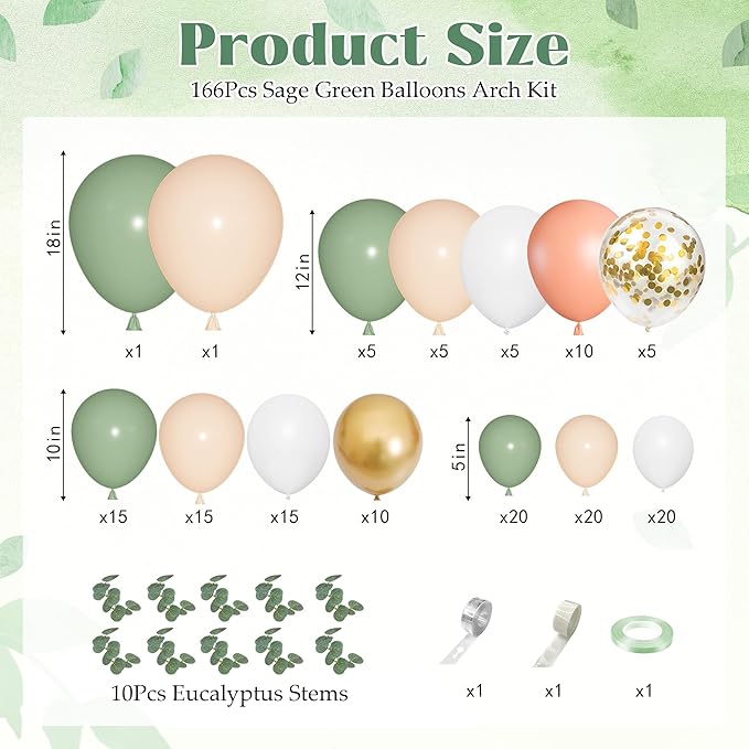 166Pcs Sage Olive Green Blush Peach Balloon Garland Arch Kit Orange