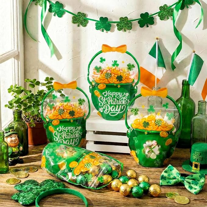50 Pcs St Patrick's Day Gift Bags Green Cauldron Plastic Pouches