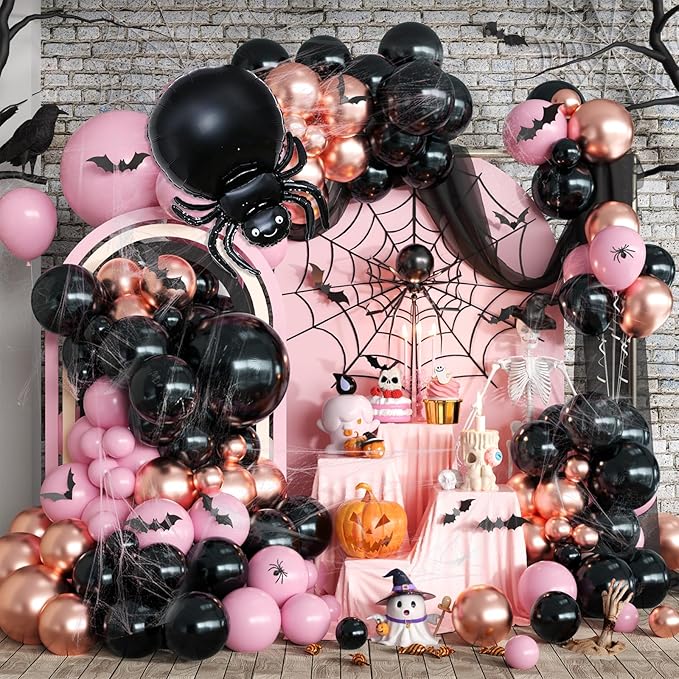 Halloween Balloon Arch Garland Kit Black Pink Rose Gold Spider Foil