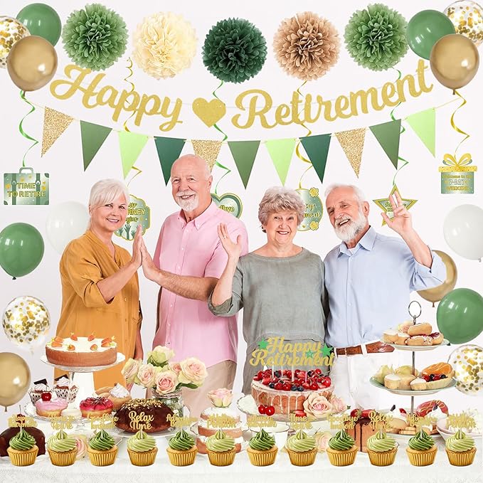 Retirement Party Decorations Women Men Green Happy Retirement Banner