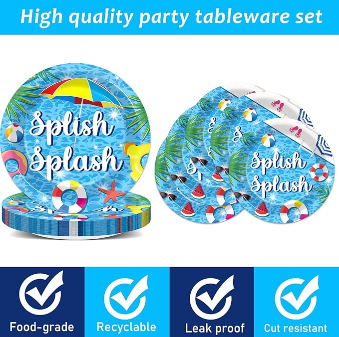 Splish Splash 96Pcs Bash Tableware Set Pool Party Plates Napkins