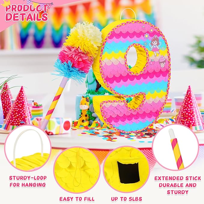 Number 9 Pinata for Birthday Party Decorations Unicorn Mermaid Theme