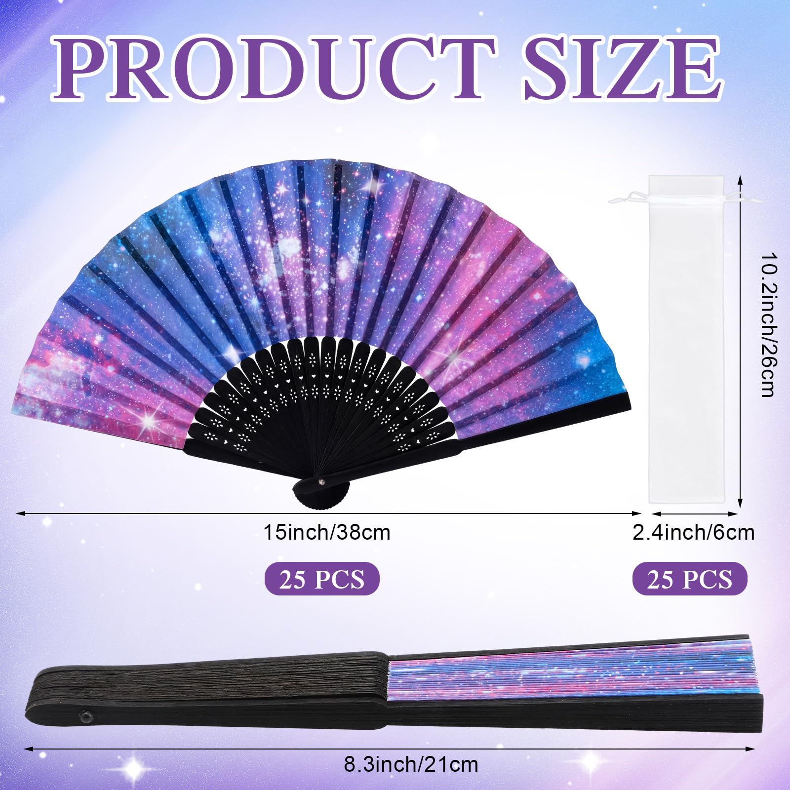 25 Pcs Galaxy Folding Hand Fan Bulk with Organza Bags Space