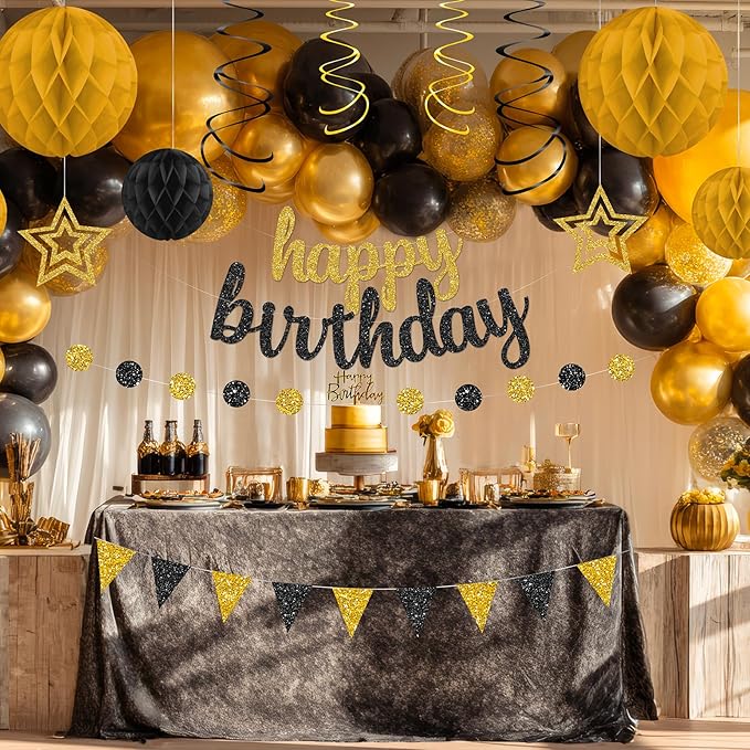 Black and Gold Birthday Party Decorations Set - Happy Birthday Banner