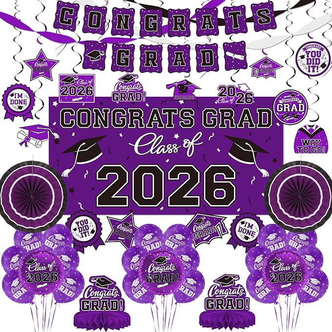 Purple Themed 2026 Graduation Decorations Set - Congrats Grad Banner,
