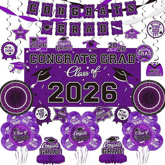 Purple Themed 2026 Graduation Decorations Set - Congrats Grad Banner,