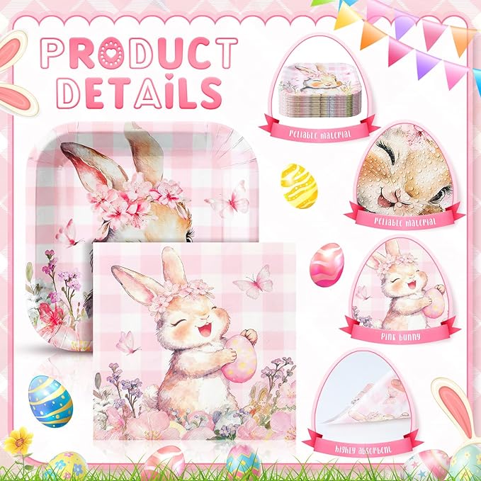 72 Pcs Easter Bunny Plates and Napkins Set Serve 36 7 Pink Bunny Egg