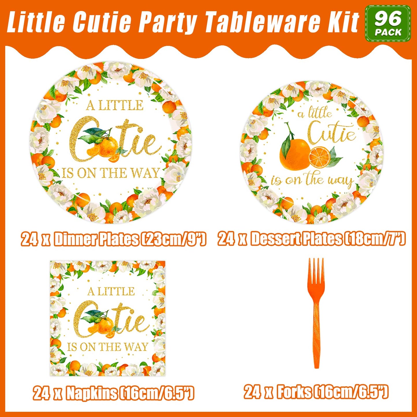 Kepeel 96 Pcs Little Cutie Baby Shower Party Plates and Napkins Set, A